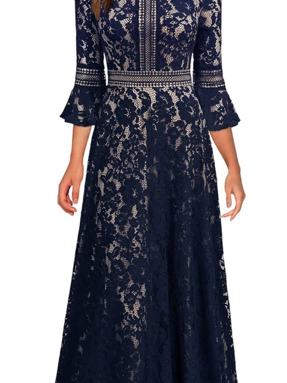 NWT Navy Lace Long-Sleeve Formal Long Dress-XXL